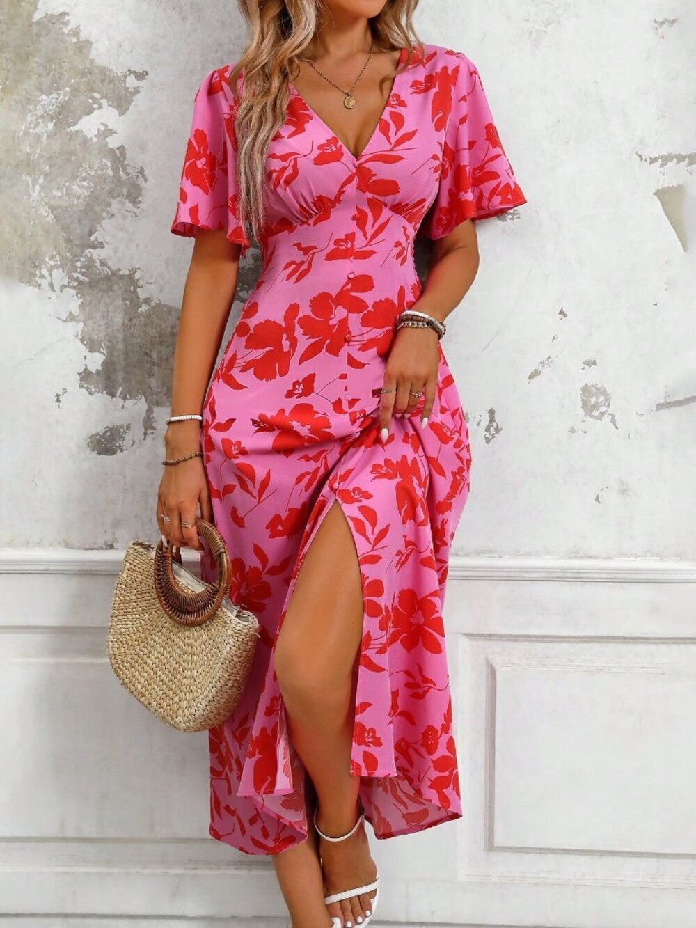 Pink Boho Women's Plant Print V-Neck Short Sleeve Maxi Dress with Side Slit